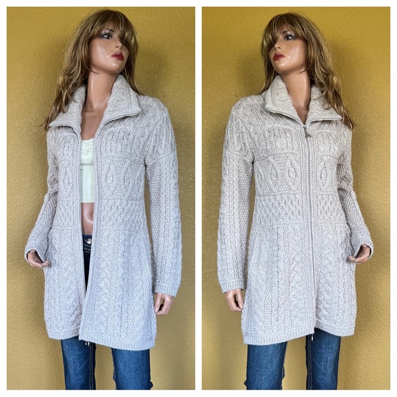 Inis Crafts Merino Wool Long Full-Zip Tunic Cardigan Sweater Beige - Picture 2 of 12